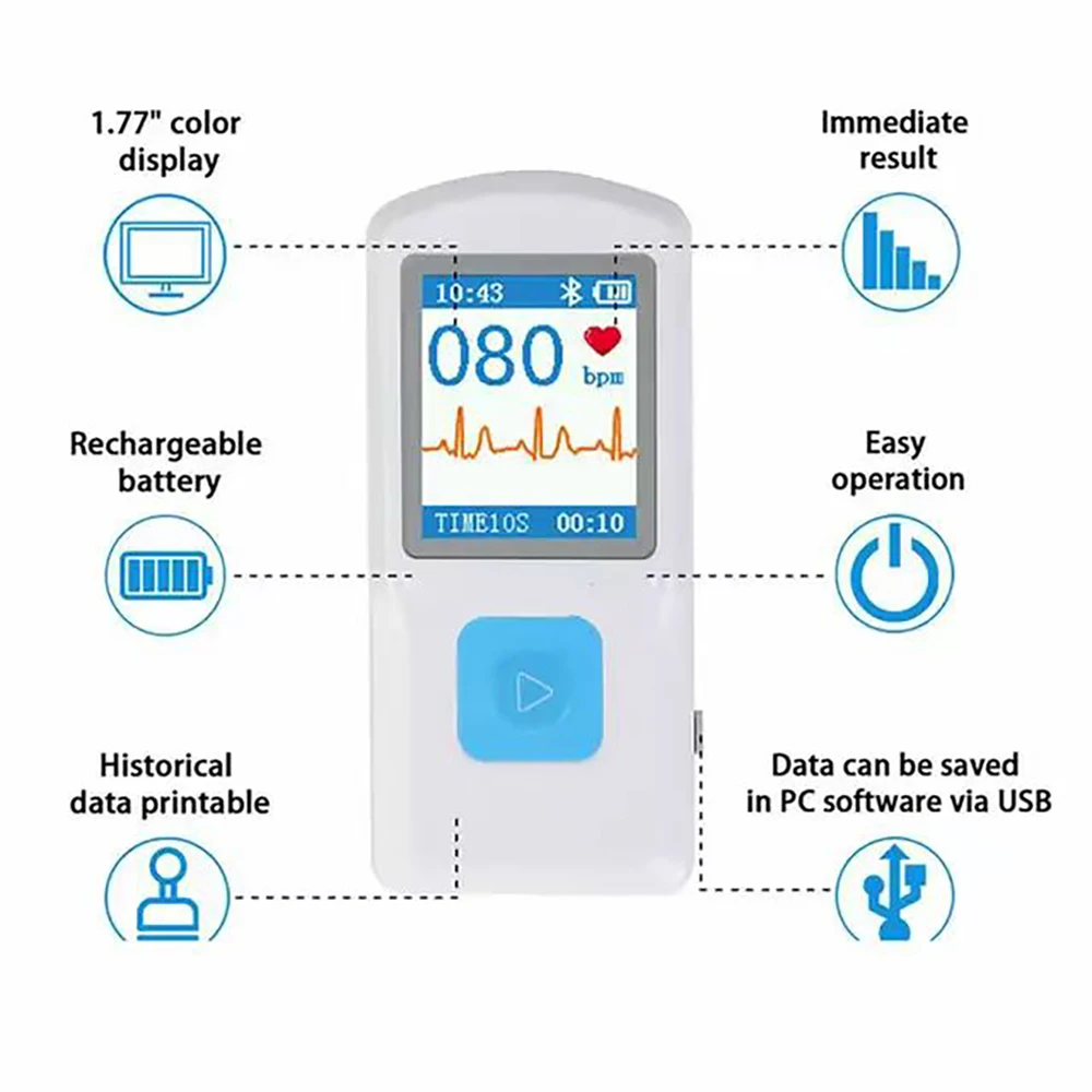 Monitor de ECG Bluetooth portátil, electrocardiograma visible, pantalla a color PM10, monitor de ECG multifuncional digital, carga USB