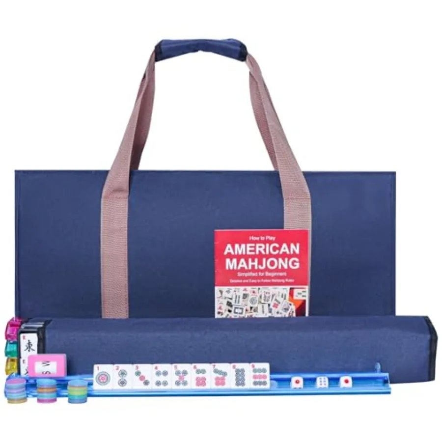 American Mahjong Game Set for home and tournament use, premium white ceramic tiles, ivory and navy blue racks/pushers, includes