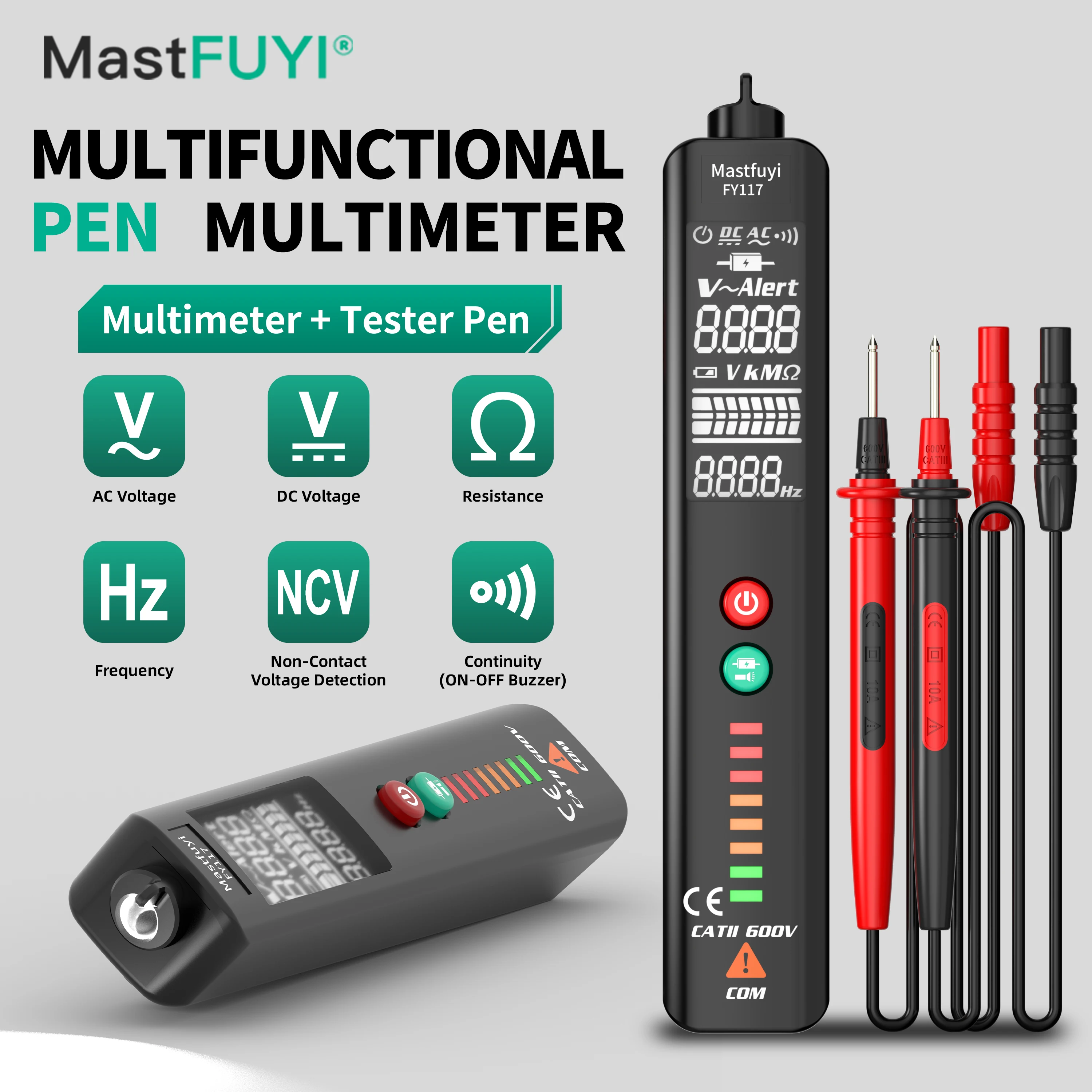 

MASTFUYI Multi-function Pen-Type Multimeter AC/DC Voltage, Ohm, Hz, Continuity, Non-Contact Voltage Tester, NCV Test Tools