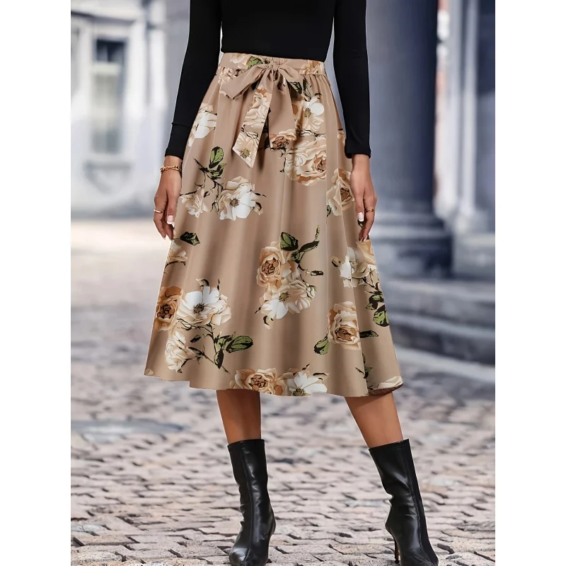 Print Midi Skirt for Women - Beige with White and Brown Flowers, Polyester Blend, Machine Washable, All-Season Elegance