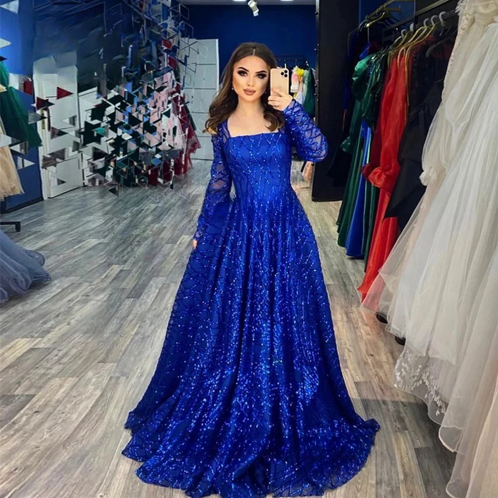 Bella Elegant Blue Long Sleeve Party Dress Tulle A-line Floor-Length vestidos de fiesta Square Collar Shiny Sequins  فساتين سهرة