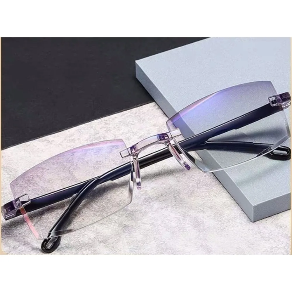 PC Reading Glasses Black+Blue Rectangle Rimless Eyeglasses Strength: 1.0~4.0x Multifocal Blue Light Blocking Glasses