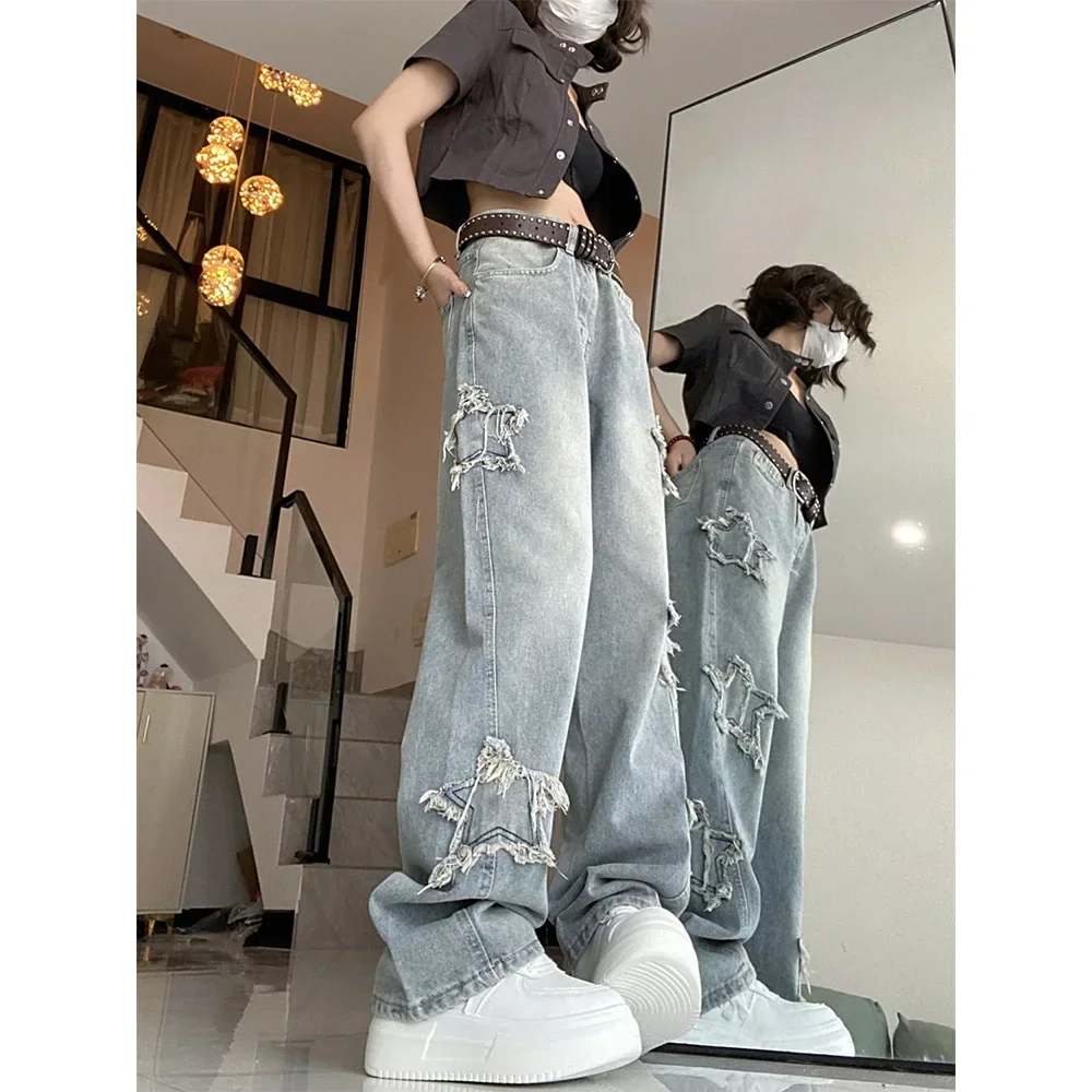 American Retro Star Blue Jeans for Women Korean Ins High-waisted Straight Wide-leg Trousers Tide Baggy Jeans Female