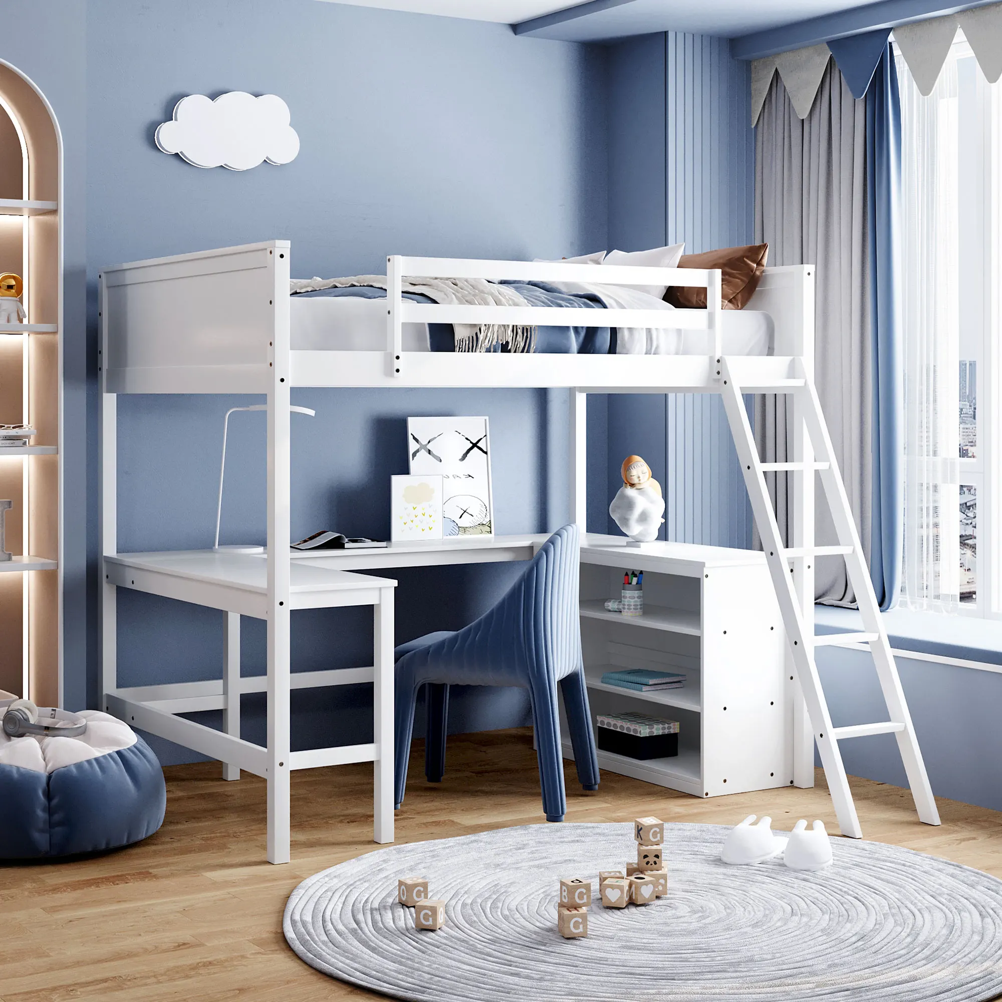 

Full size Loft Bed with Shelves and Desk, Wooden Loft Bed with Desk - White