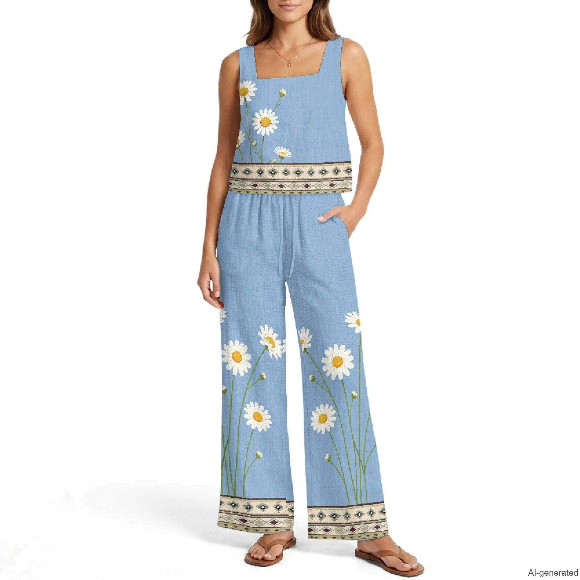 XIXIRIMIDO Women's Linen Two Piece Daisy Print Sleeveless Tops Wide-Leg Pants Lounge Set Beach Vacation Outfits with Pockets