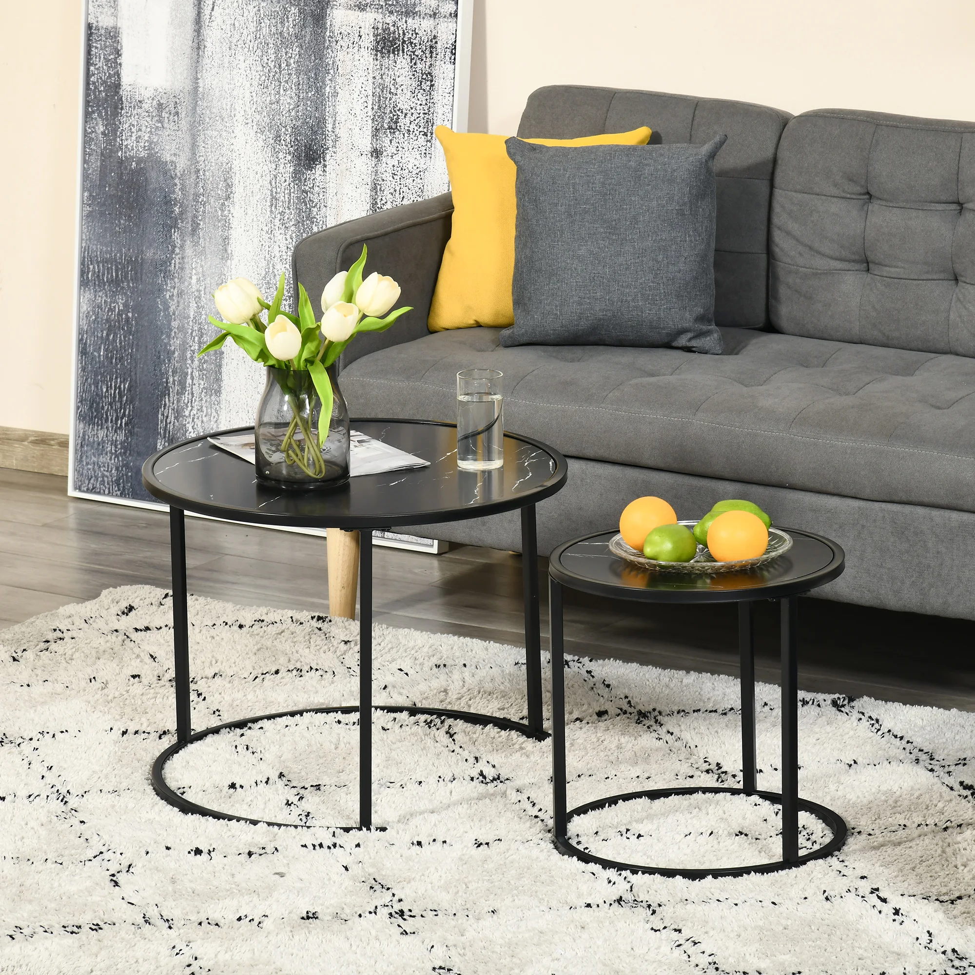 Homcom 2 runde stapelbare Couch tische mit Marmorplatte