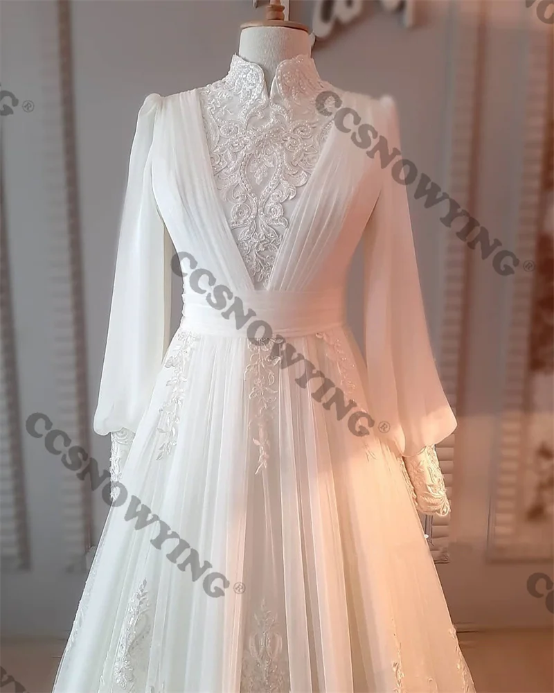 Elegante tule apliques de manga longa vestidos de casamento a linha alta pescoço vestido de noiva das mulheres pérolas árabe dubai vestidos de novia