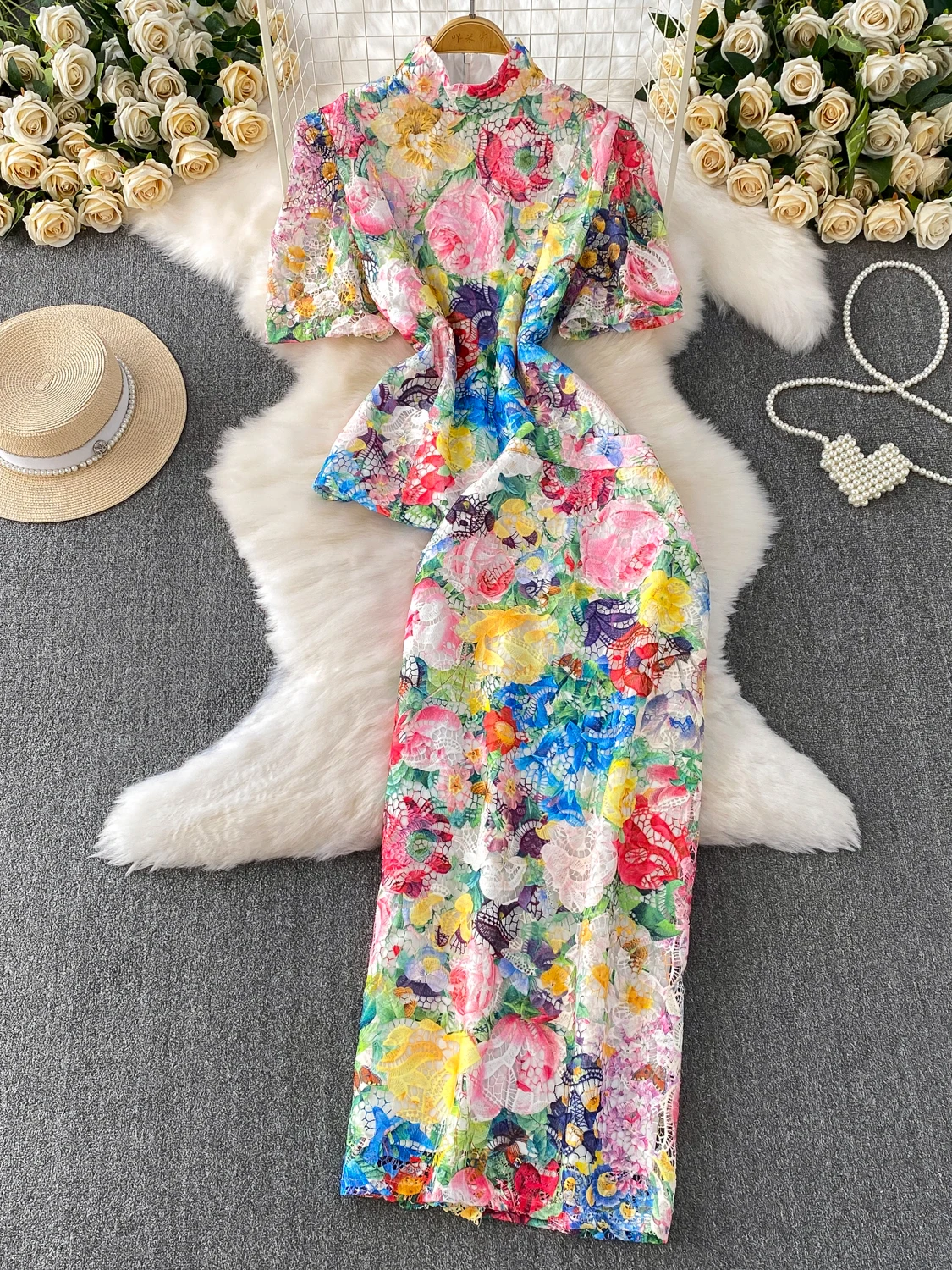 

Elegant Lace Print Stand Collar Short Sleeve T-Shirt Top High Waist Slim Fit Halter Skirt Two Piece Set for Young Girls