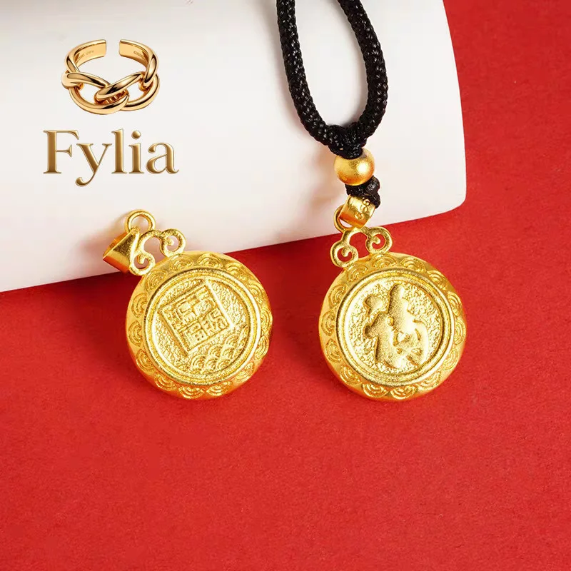 Fylia Jewelry   Unisex 24K Gold (AU999) Double-Sided Blessings Disk Pendant | Double-sided carving, hammered brocade with titani