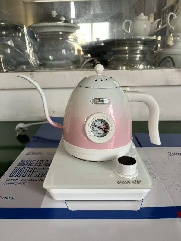 غلاية كهربائية معقوفة مع ميزان حرارة وقاعدة دوران 360 درجة من الفولاذ المقاوم للصدأ لصب القهوة وغلاية الشاي