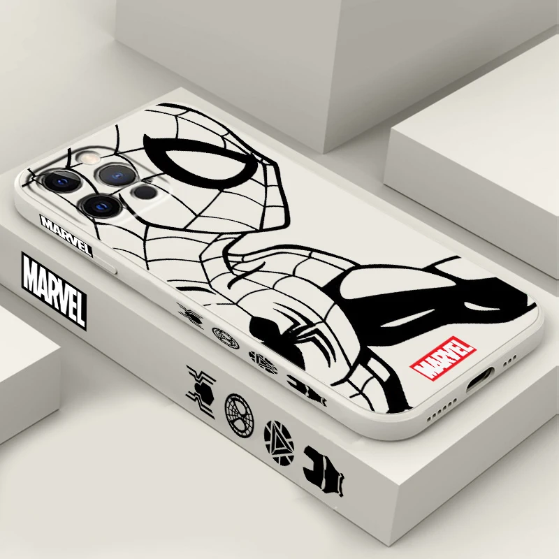 Marvel SpiderMan casing ponsel cair, tali kiri Seni Iron Man untuk Apple iPhone 15 14 13 12 11 XS XR X 8 7 SE Pro Max Plus Mini TPU