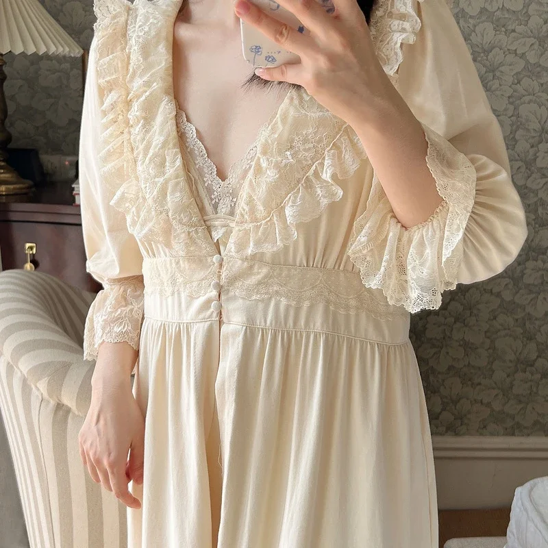 Sexy V Neck Nighty Robe Set Women Fairy Cotton Long Sleepwear Sweet Princess Nightwear Pijamas Set Vintage Apricot Nightgowns