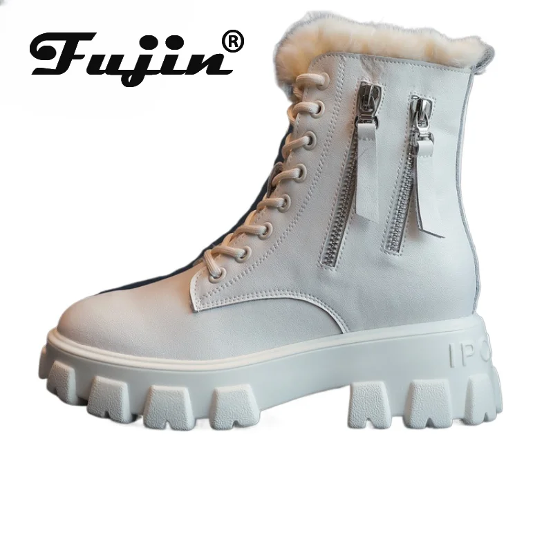 

Fujin 7cm Genuine Leather Snow Boots Plush Warm Fur Ankle Booties Platform Thick Sole Women Causal Sneakers Lace Up Winter Shoes