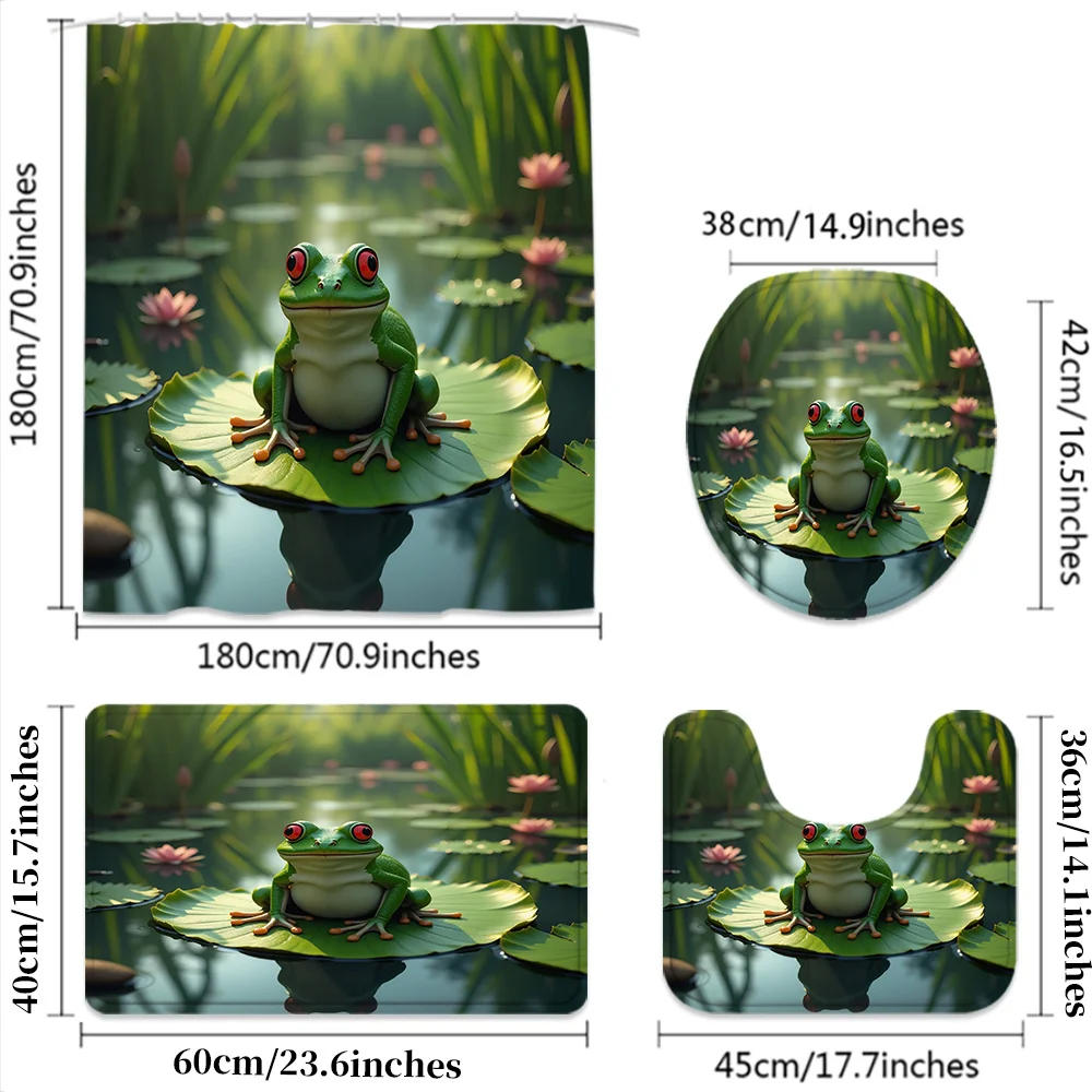 Waterproof Shower Curtain Green Frog Pond Nature Lily Pad Tropical Jungle Bathroom Decoration Wildlife Print Home Decor Accessor