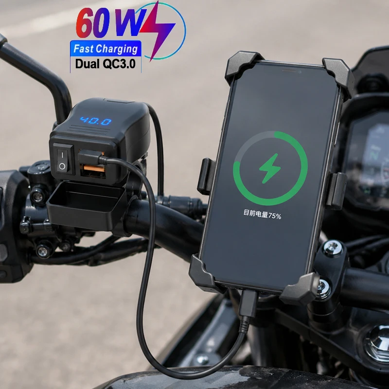 60W Dual QC3.0 Motorcycle USB Charger 12-40V Waterproof Socket Handlebar Cell Quick Charger Adapter with Switch Voltmeter