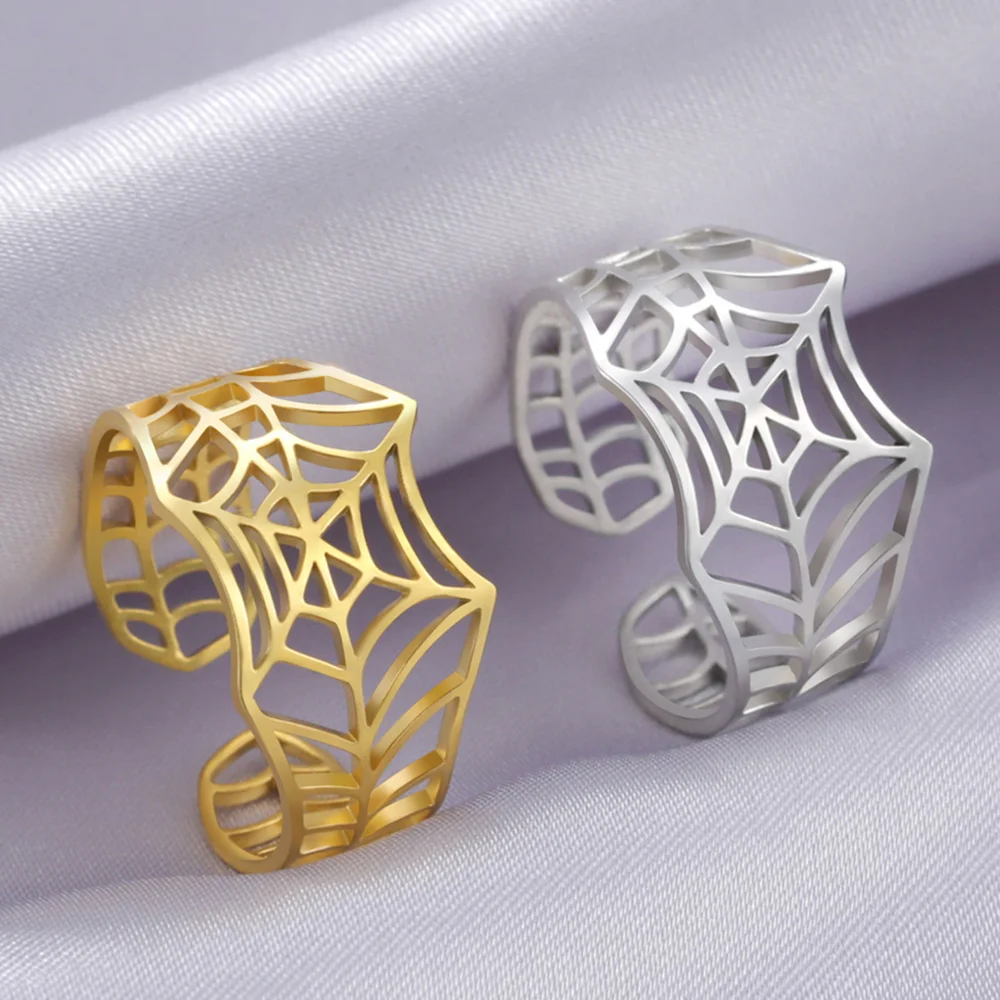 Cazador Punk Spider Web Open Rings for Women Men Geometric Finger Couple Rings Stainless Steel Jewelry 2024 Halloween Gift New