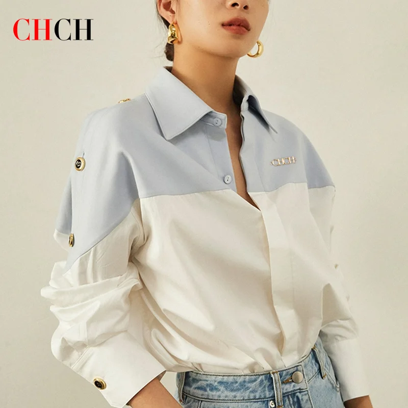 CHCH Women's Shirt 2025 New High Quality Splicing Color Contrasting Long Sleeve Business Shirt Commuter Women's Wear