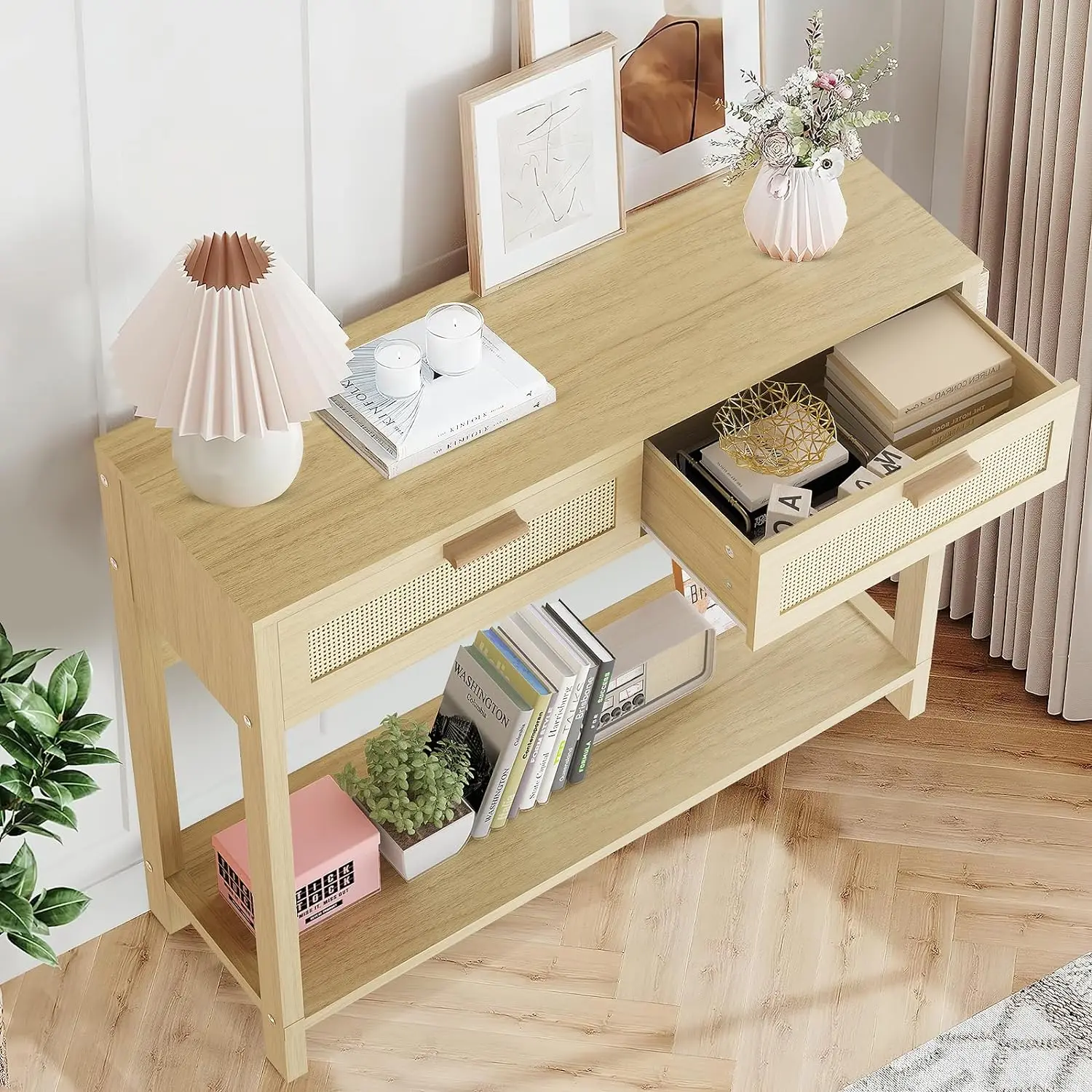 Comfort Corner Rattan Console Table,Long Entryway Table with 2 Drawer,Sofa Table with Open Shelf, Hallway Table for Living Room