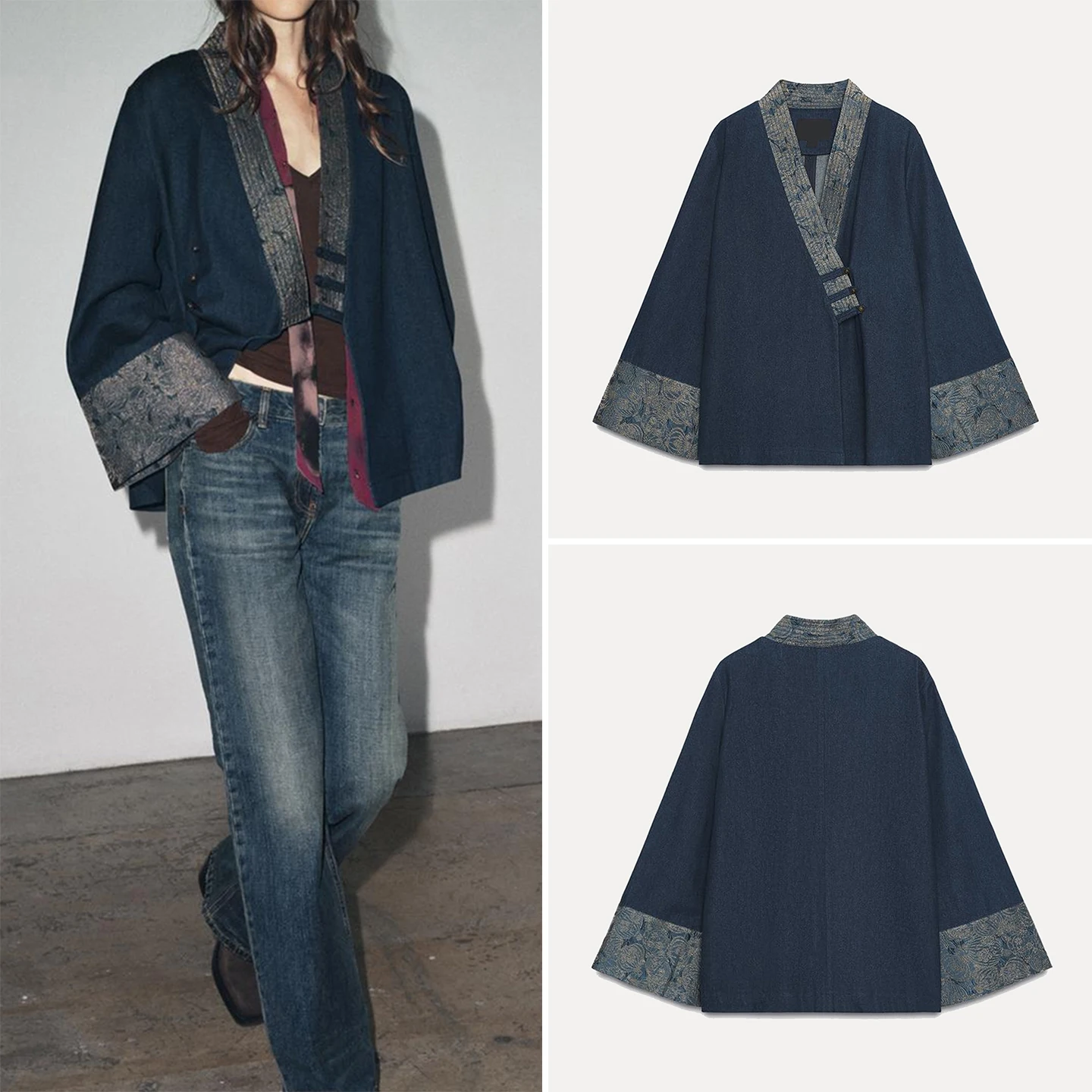 

Модный женский джинсовый эффект с вышивкой, джинсовый эффект, осень 2021, длинная женская верхняя одежда с застежкой на пуговицы све