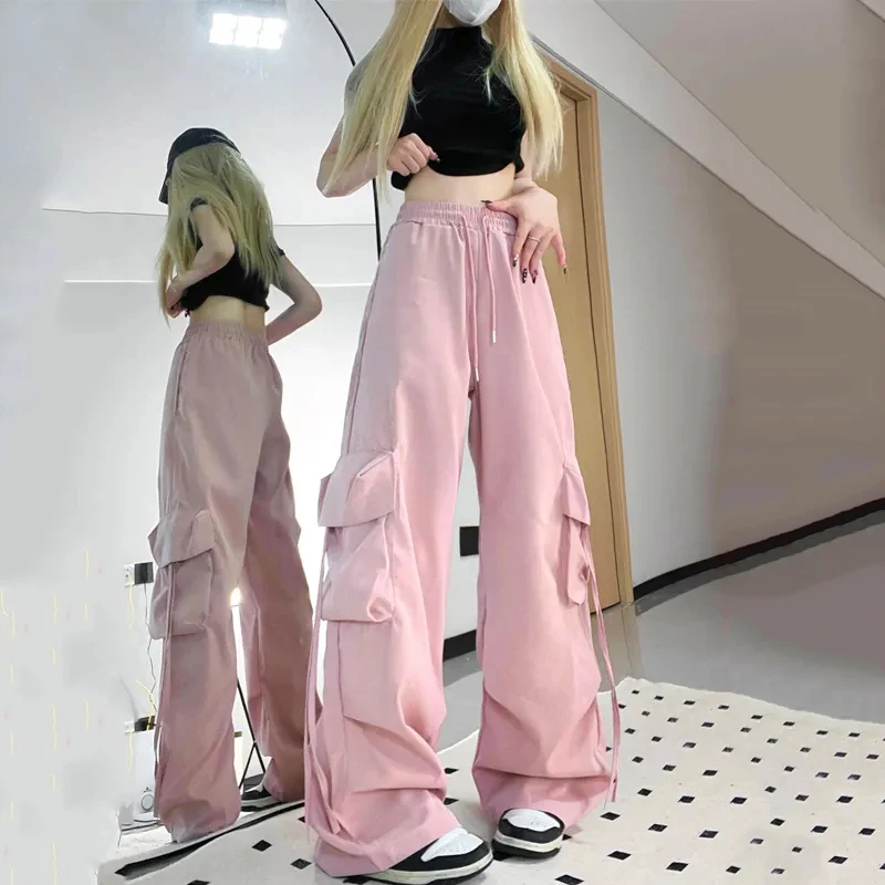 Streetwear Cargo Pants Women Y2K High Waist Loose Solid Wide Leg Pants Bf High Summer Fashion Baggy Pocket Straight Trousers