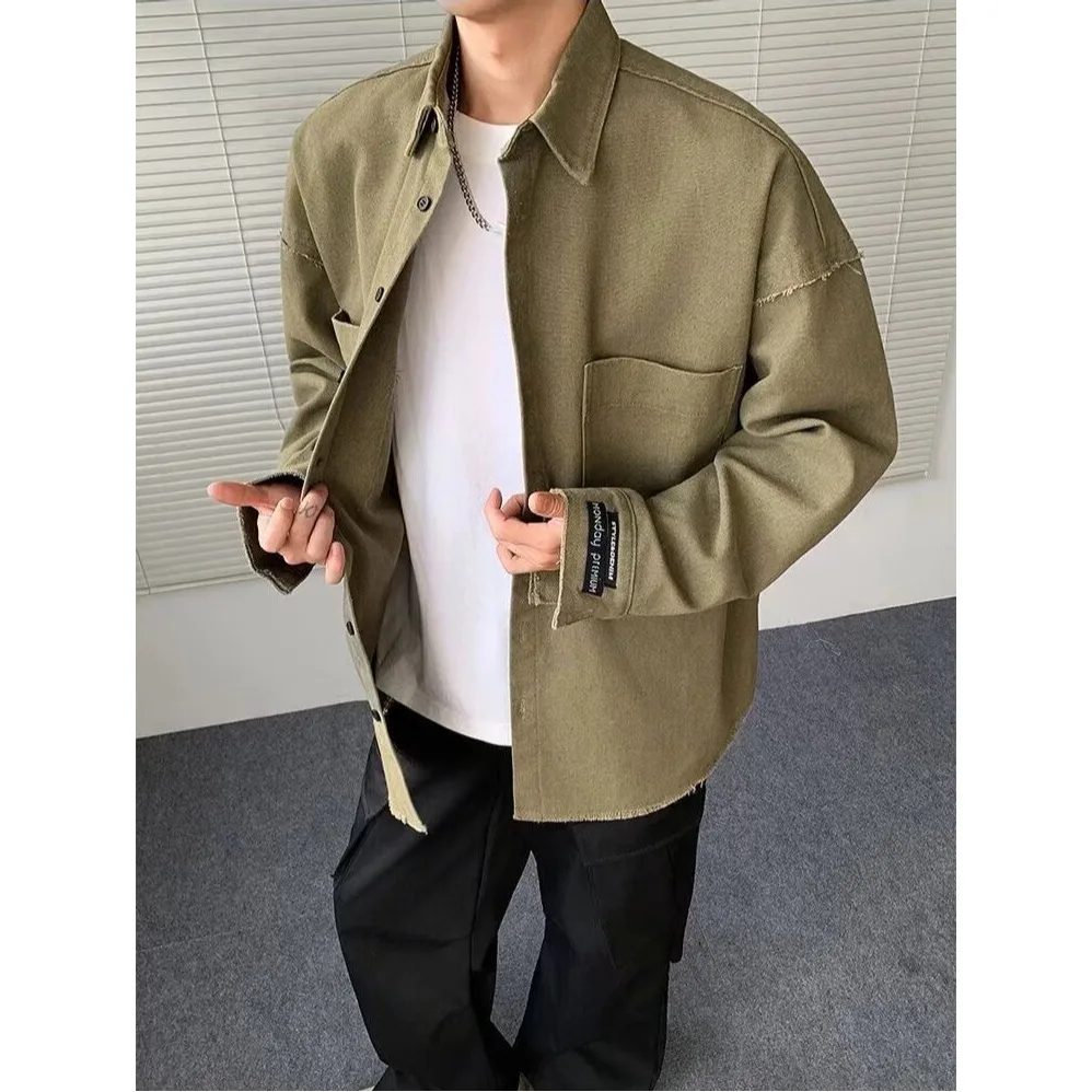 جاكيت دينيم رجالي فضفاض للخريف والشتاء، مقاس كبير مع شراشيب، تصميم أمريكي عصري، معطف عمل للشباب