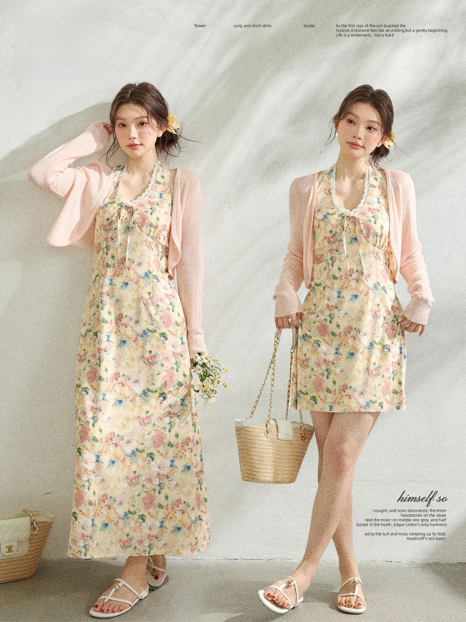 

Large Size Romantic Korean Style Vacation Floral Print V-Neck Dress Set Slimming High Waist Long Skirt Casual Spring Dress