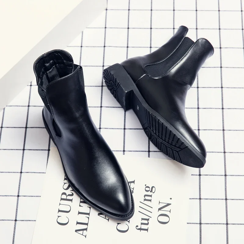 Black Chelsea Boots Business Men Ankle Boots  Slip-On Round Toe Vintage Boots Size 38-48 Botas De Trabajo Hombre