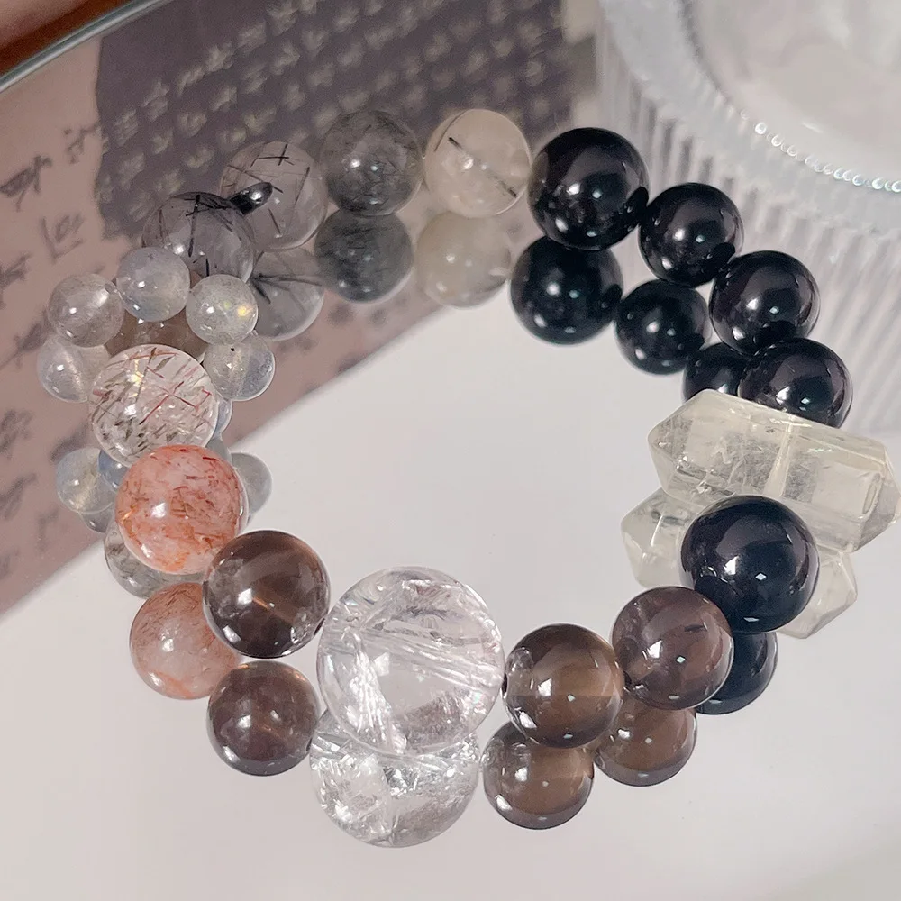 خمسة عناصر نقص المياه للنساء حجر السج الطبيعي الأسود سوبر سبعة الشاي كريستال متعدد الكنز سوار التوازن الطاقة #3