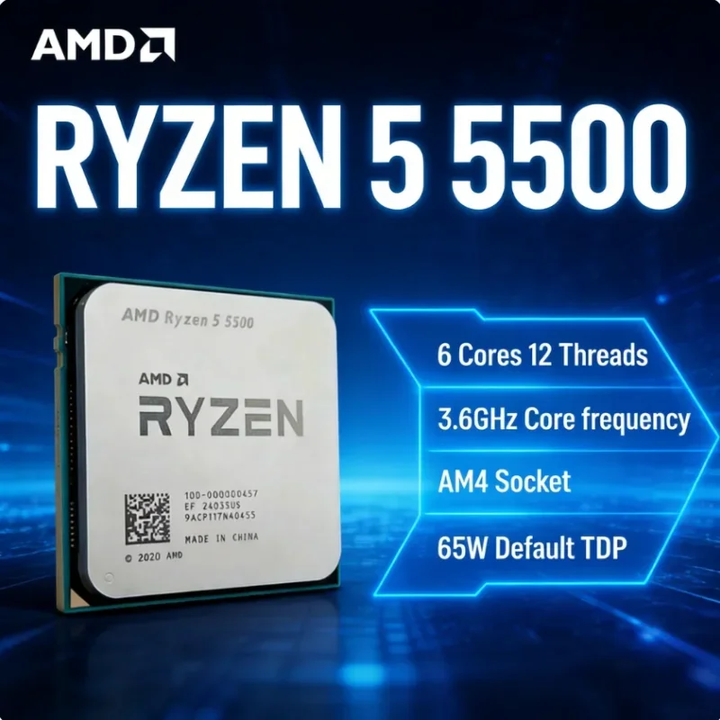 Procesador de Escritorio AMD Ryzen 5 5500, 6 Núcleos, 12 Subprocesos, Socket AM4, Hasta 42GHz, 16MB de Caché L3, 65W, CPU para Juegos Sin Enfriador