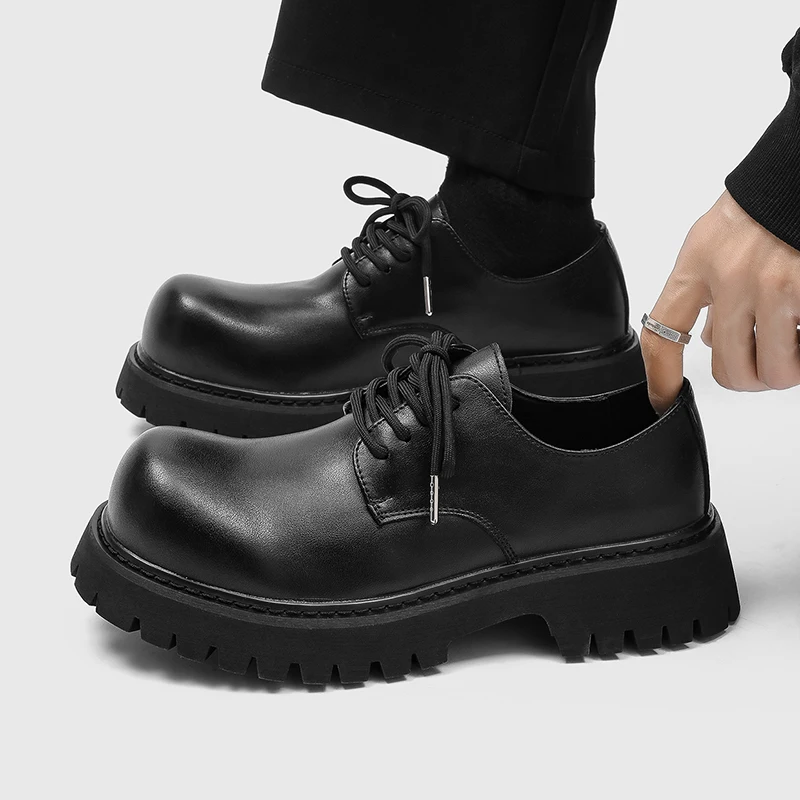 Men's Derby Leather Shoes High quality casual gentleman style -46 Leisure Party Trendy Outdoor Black Height increasing Versatile