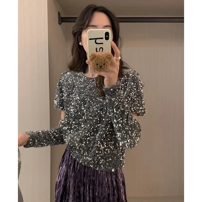 Spliced Sequined 2024 New Women Clothing Round Neck Ropa Mujer Fashion Loose Camisas Korean Elegant Tops with Oversleeve