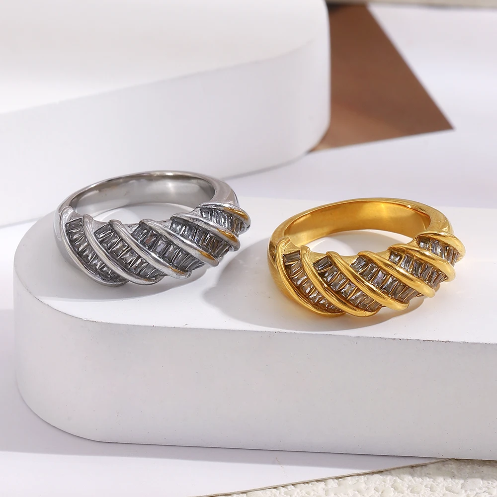 E.B.belle Kreativer Personalisierter Gedrehter Rechteckiger Zirkonring, Besonderes Design, Rostfreier Edelstahlschmuck für Frauen – Detail 6