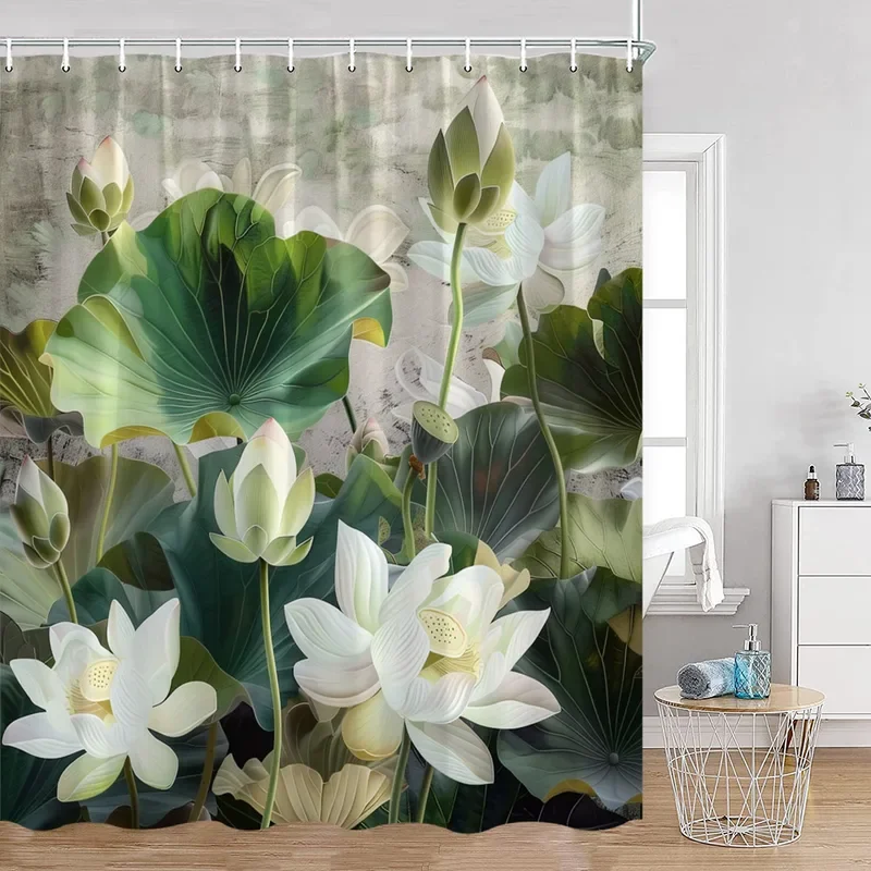 Lotus Flowers Shower Curtain Green Leaves Plant White Floral Chinese Style Home wall hanging Bathroom Curtains Decor with Hooks