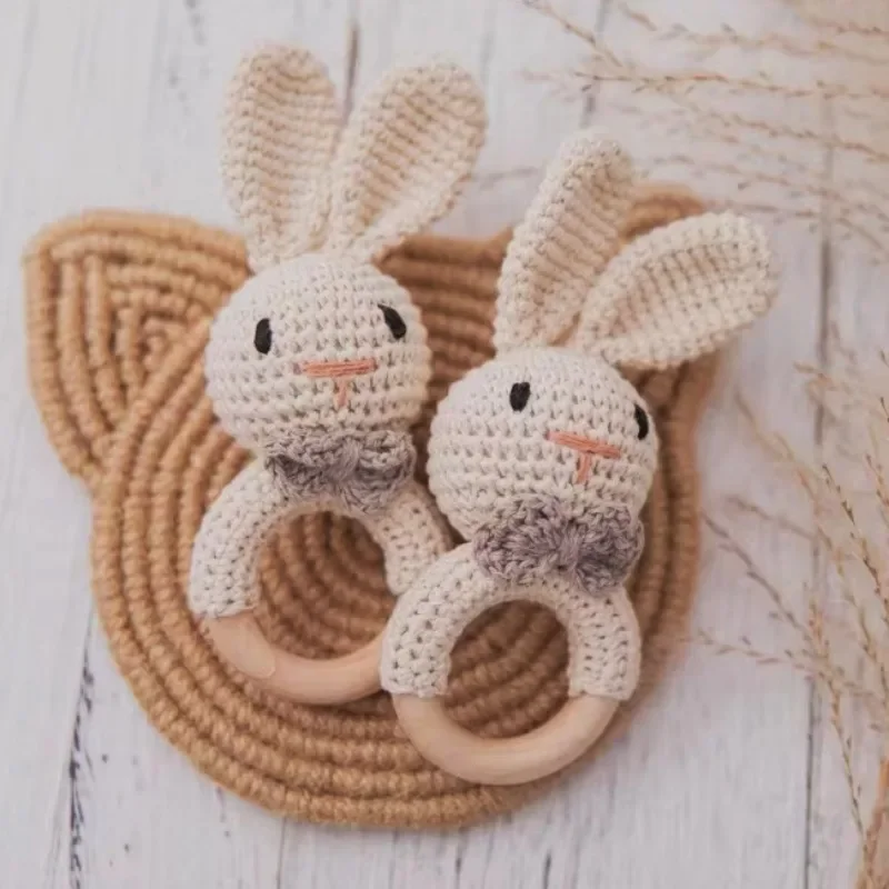 Crochet Rabbit Rattle Toy Wooden Handmade Jingle Rattle Comfort Animal Easter Crochet Wicker Pine Decor Easter Crochet Decor