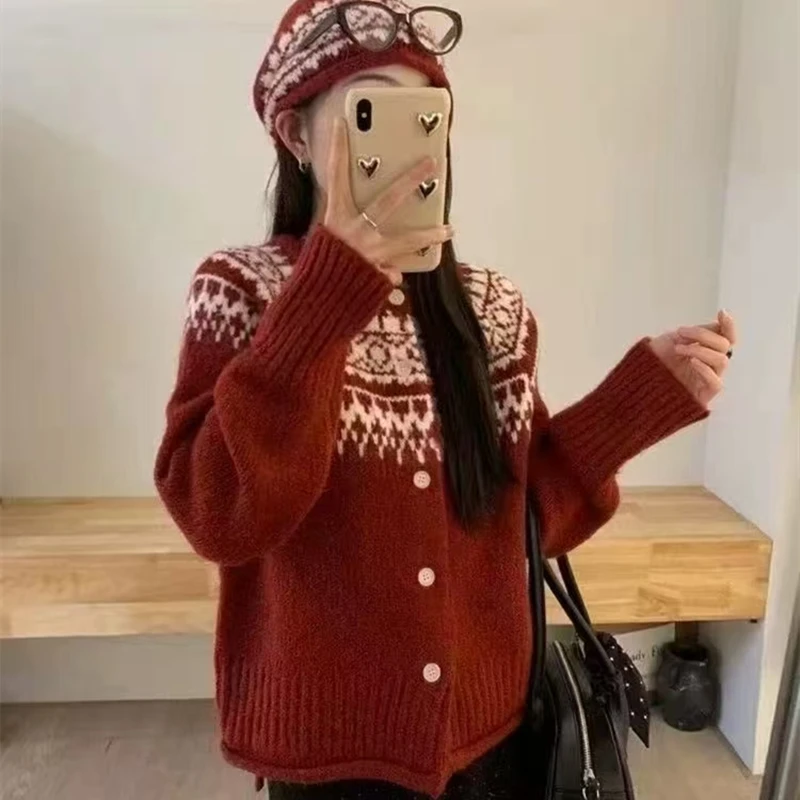 เสื้อคาร์ดิแกนลำลองมีหมวก คอกลม แขนยาว ลายพิมพ์ สำหรับผู้หญิง เสื้อโค้ทถักแฟชั่น ฤดูใบไม้ร่วง ฤดูหนาว สไตล์หรูหรา เสื้อถักสำหรับฤดูใบไม้ร่วง