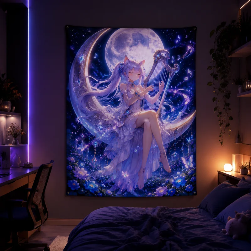 Vikama Gothic Anime Tapestry Dark Aesthetic Vikama Gothic Masked Cat-Eared Girl Wall Hanging Masked Cat Girl Print Wall