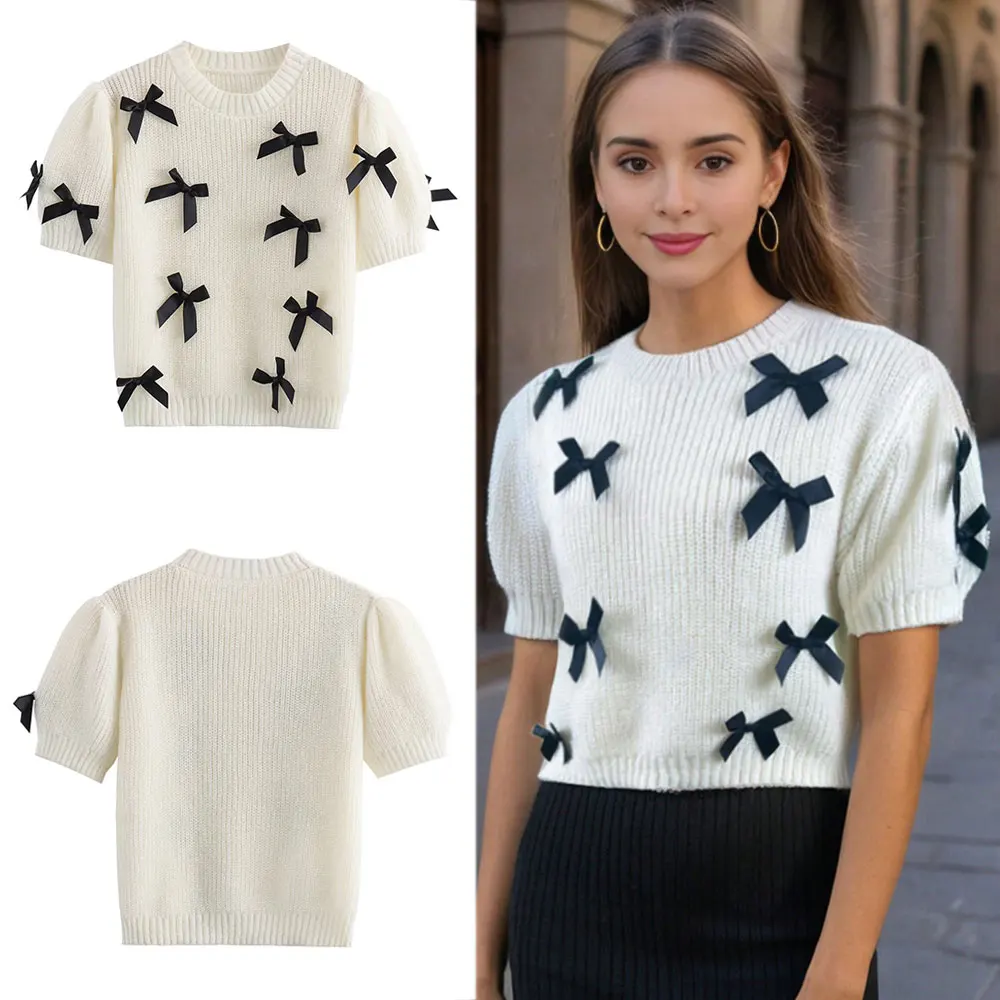 

HH Spring Women Cute White Short Sleeve Sweater With Bow Decoration O-Neck Warm Knitted Pullover Autumn Casual Cropped Sweaters