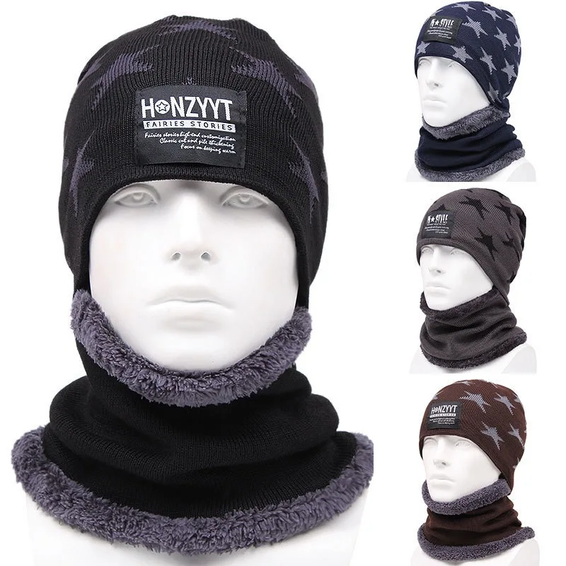 Star Jacquard Knitted Beanie Hat Neck Warmer Set Thick Plush Fleece Lined Windproof Scarf Kit  Skiing Cycling Outdoor Activities