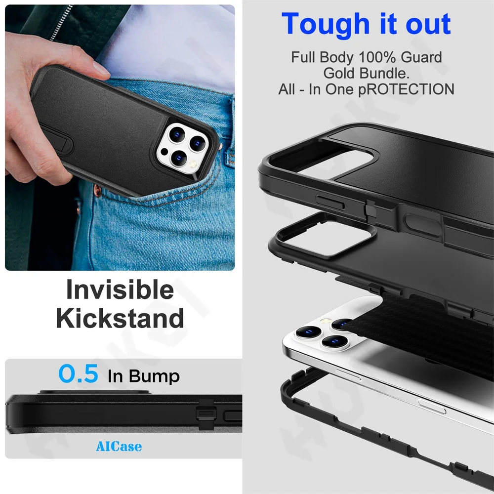 Case For iPhone 16 15 14 13 12 11 Pro Max XS XR 8 Plus Heavy Duty Shockproof Anti-Scratch Rugged Protective with Kickstand Cover