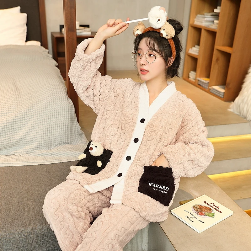 Newest Women M-4XL Pajama Sets Solid Long Sleeve Winter Pijama Suit Thick Warm Fleece Home Clothes for Female