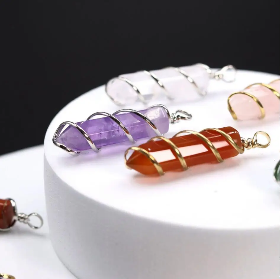 1PC Natural Hexagon Colorful Crystal Amethysts Stone Handmade Wire Wrapped Suspension Bullet Shaped Pendant Necklace F1666