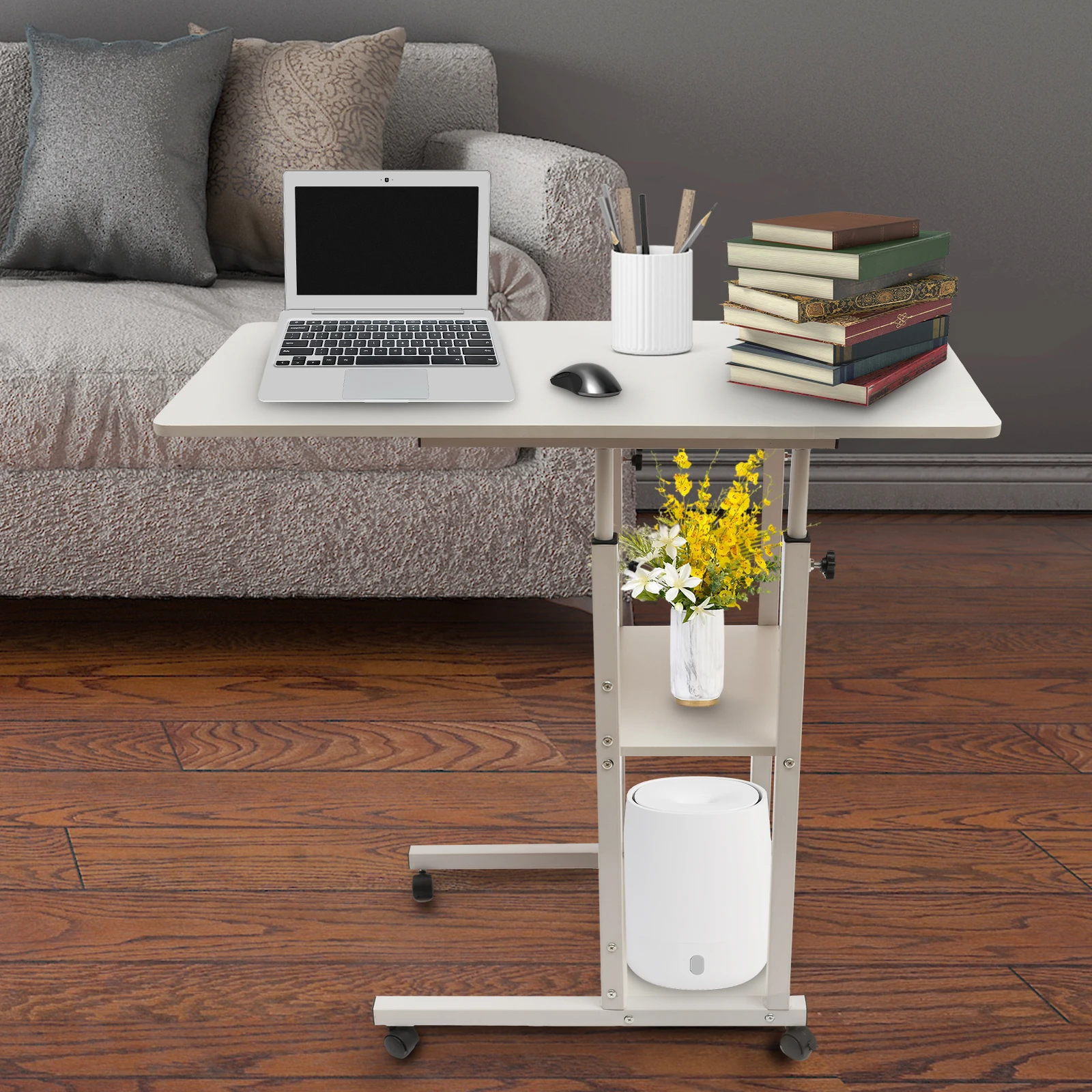 طاولة زاوية على شكل حرف C ، أريكة جانبية ، سرير وجبات خفيفة ريفي ، ارتفاع قابل للتعديل مع عجلة ورفوف تخزين للمنزل ومساحة صغيرة #5