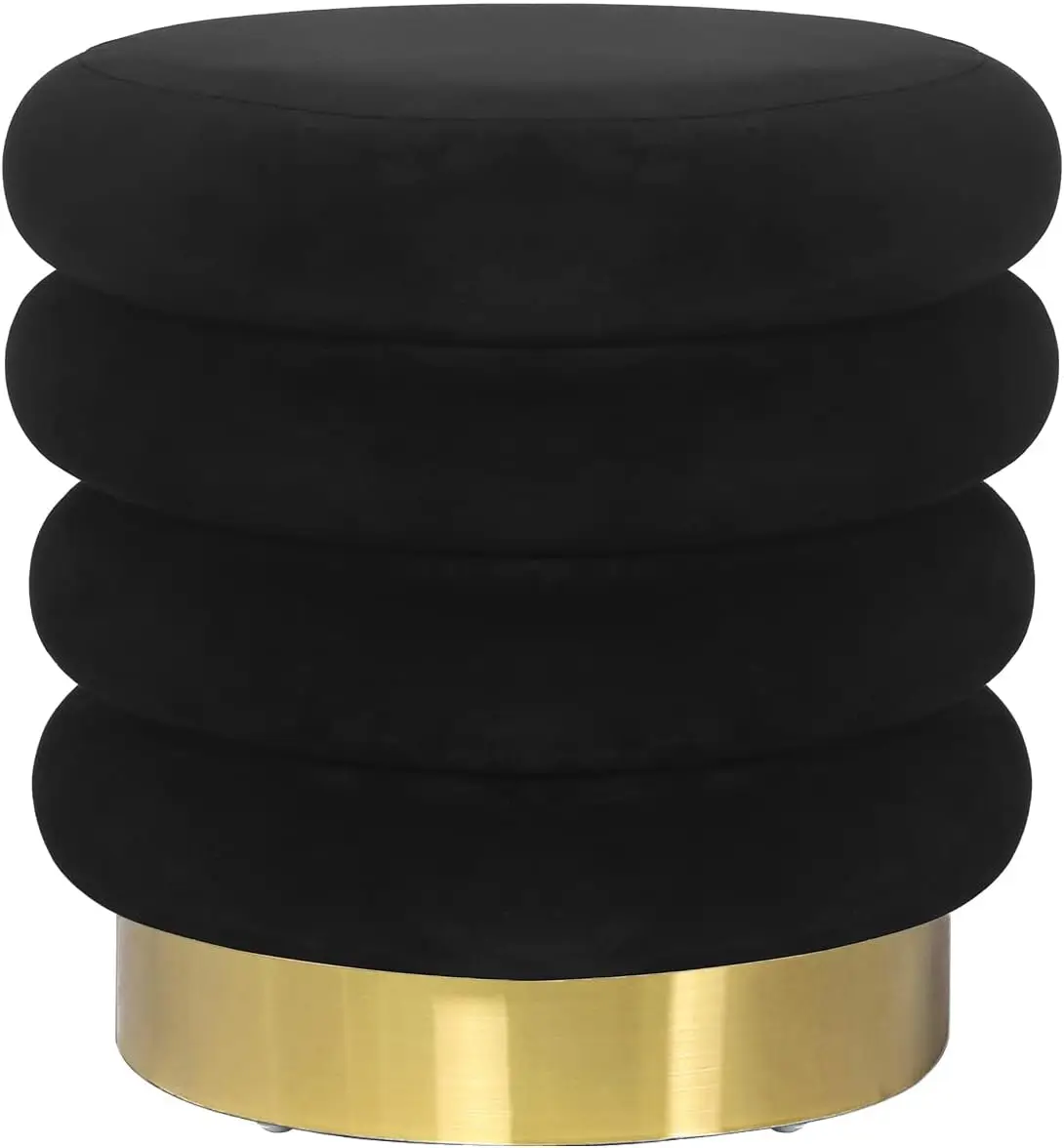 

Velvet Round Modern Ottoman Vanity Stool Coffee Table Footrest With Gold Base (Black)