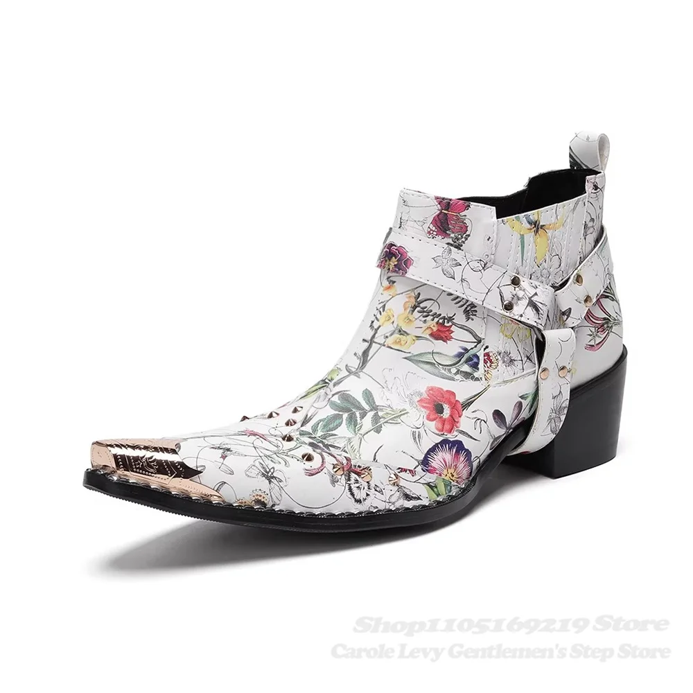 Men White Chunky Heel High Top Boot Pointed Toe Rivet Studded Straps Genuine Leather Ankle Boots Business Casual Short Boots