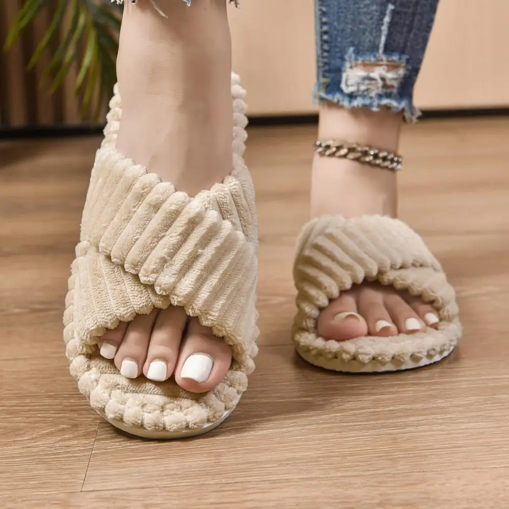 

Open Toe Plush Slides Unisex Cozy Bedroom Slippers Cross Band Slippers Slip-On House Shoes for Indoor Lounging Playroom