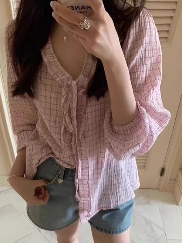 Loose Plaid Shirt Women's Bow Tie Sun Protection Top Sweet Youthful Versatile Slimming Trendy Gingham Patterned Loose Fit Shirt