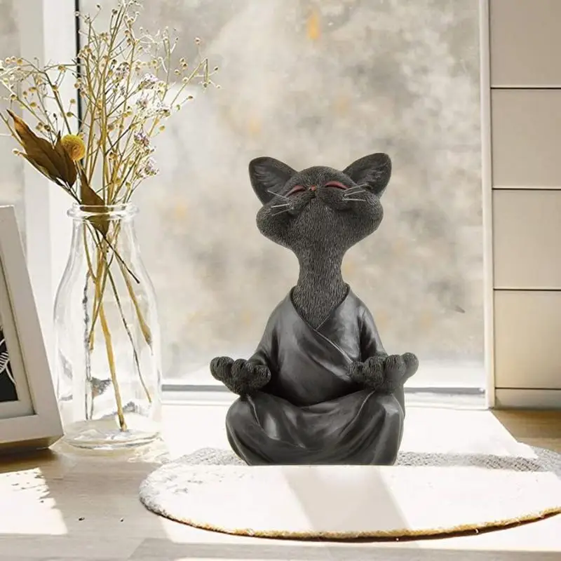 Whimsical Black Buddha Cat Figurine Meditation Yoga Collectible Happy Cat Decor Art Sculpture Garden Statue Home Decoration