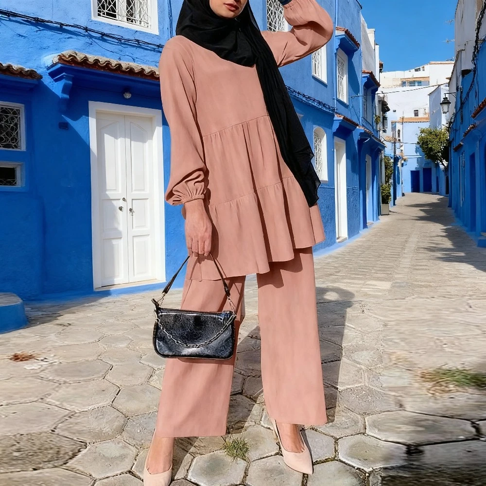 

Блузка Мусульманский комплект Женский комплект из двух предметов Широкие брюки Костюм Дубай Ислам Арабский Скромный Саудовский наряд Мусульманские ансамбли Рамадан Ид