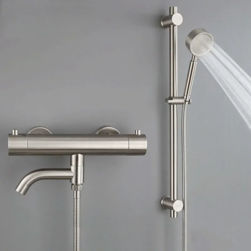 

Brushed Nickel Thermostatic Bathtub Shower Faucet Bathroom Wall Mounted Rain Mixer Tap Set Simple With Hand