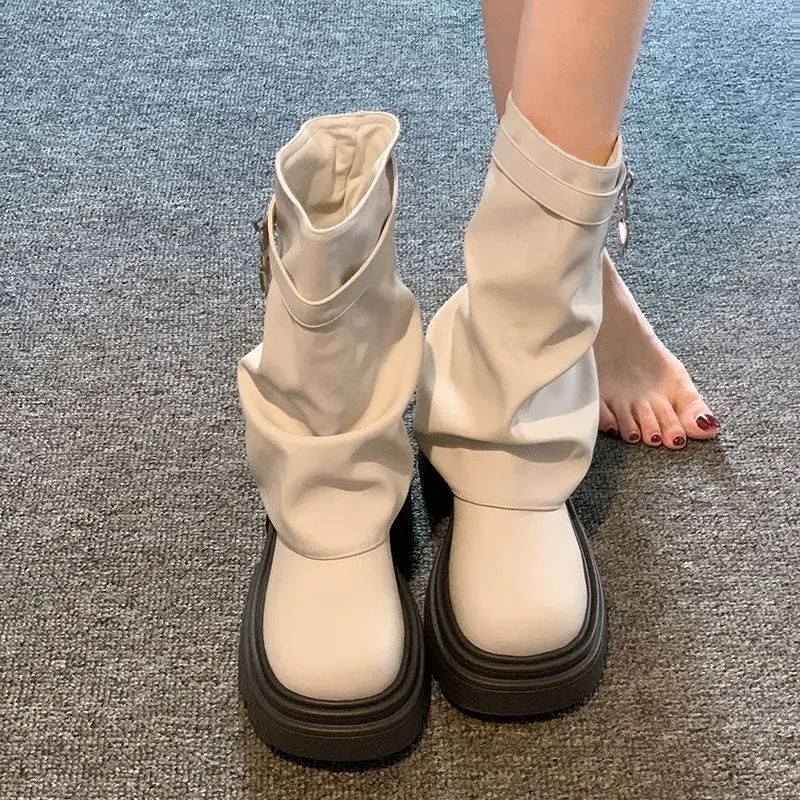 

2025 Shoes for Women Mid-Calf Women's Boots Platform Modern Boots Women Belt Buckle Square Toe Side Zip Square Heel Shoes Female